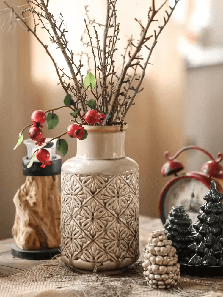 Domino Embossed Pattern Vase by RusticReach, cream ceramic with geometric floral embossing on Tampa Home & Garden Store