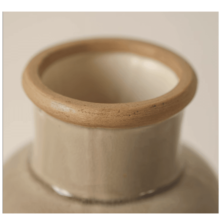 Domino Embossed Pattern Vase by RusticReach, cream ceramic with natural wood top rim on Tampa Home & Garden Store