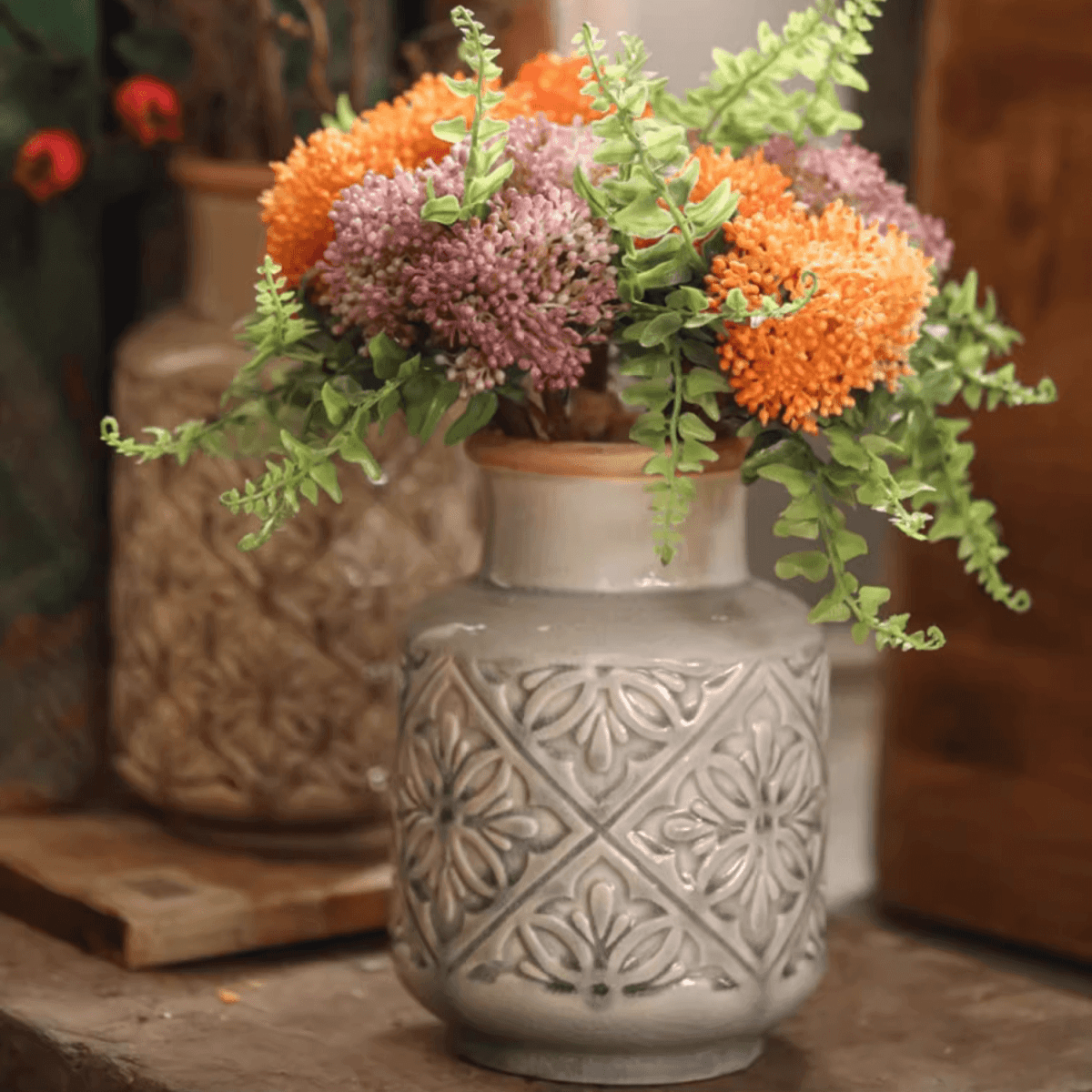 Domino Embossed Pattern Vase RusticReach gray ceramic embossed motif orange and purple blooms on Tampa Home & Garden Store