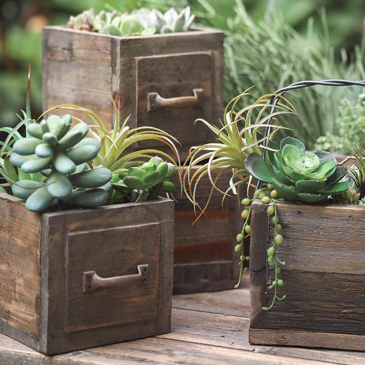 Farmhouse wooden box planter with succulents, three weathered brown crates on Tampa Home & Garden Store