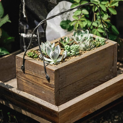 Farmhouse wooden planter box by RusticReach with metal handle, filled with succulents on Tampa Home & Garden Store