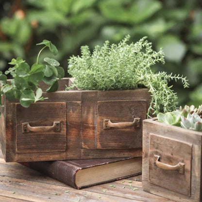 Farmhouse wooden box planter RusticReach two brown boxes with metal handles and succulents on Tampa Home & Garden Store