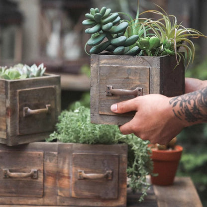 RusticReach farmhouse wooden planter boxes with succulents, wood and metal handles, lifting on Tampa Home & Garden Store