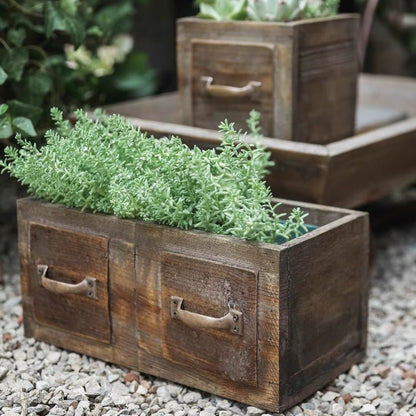 RusticReach farmhouse wooden planter box with two front drawers holding a succulent arrangement on Tampa Home & Garden Store