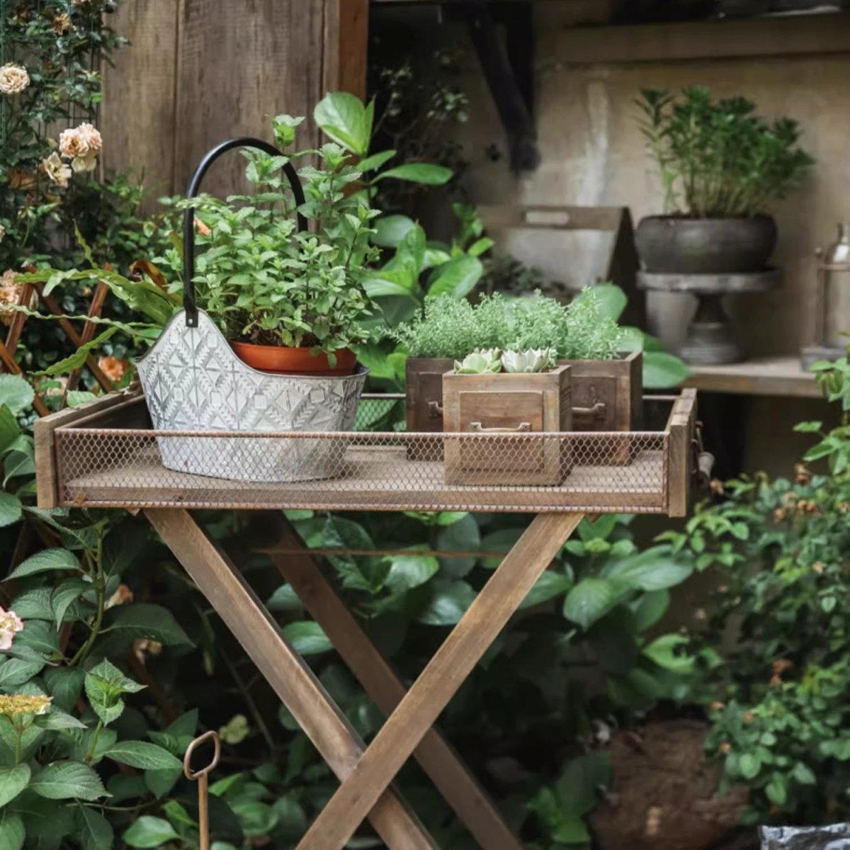 Farmhouse wooden planter box with metal mesh tray for succulents or flowers RusticReach on Tampa Home & Garden Store