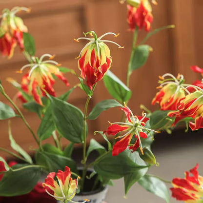 RusticReach Faux Fire Lily Stem, red-yellow petals with green leaves, 31.9 in tall on Tampa Home & Garden Store