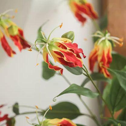 Faux Fire Lily Stem 31.9in tall by RusticReach, red-orange petals with yellow edges on Tampa Home & Garden Store