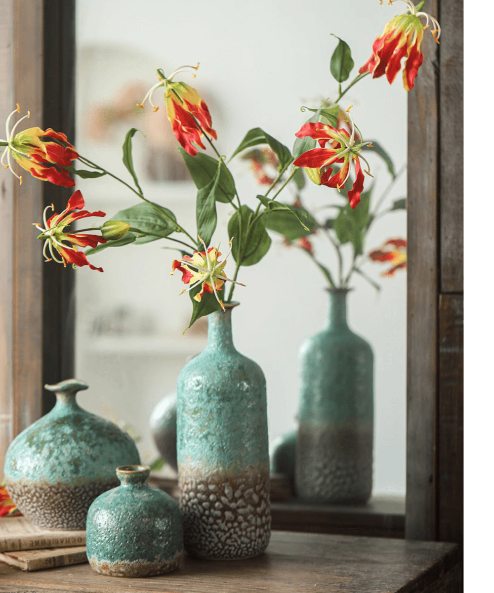 Faux Fire Lily Stem 31.9in tall in turquoise glazed vases with vibrant red-orange blooms on Tampa Home & Garden Store