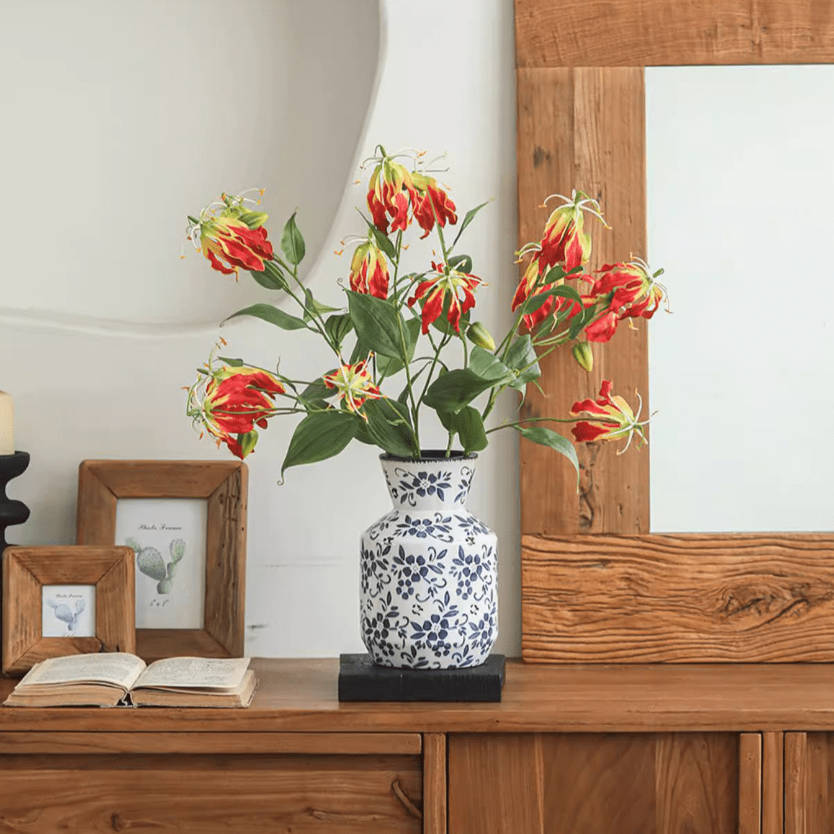 Faux Fire Lily Stem arrangement by RusticReach with red-yellow blooms in a blue ceramic vase on Tampa Home & Garden Store
