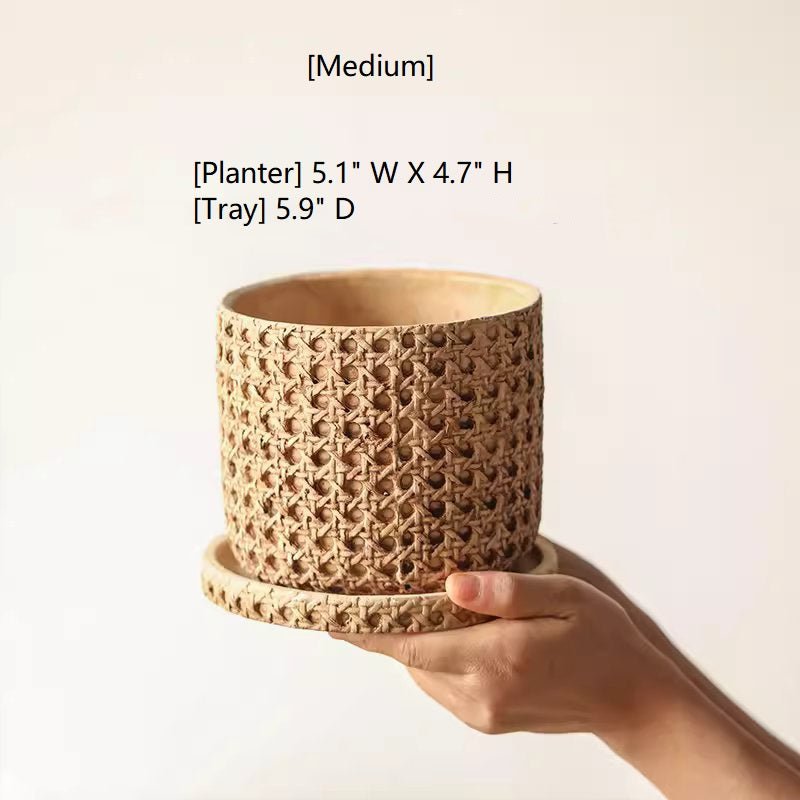Faux Woven Grid Cement Pot by RusticReach, beige cement planter with matching tray held by hands on Tampa Home & Garden Store