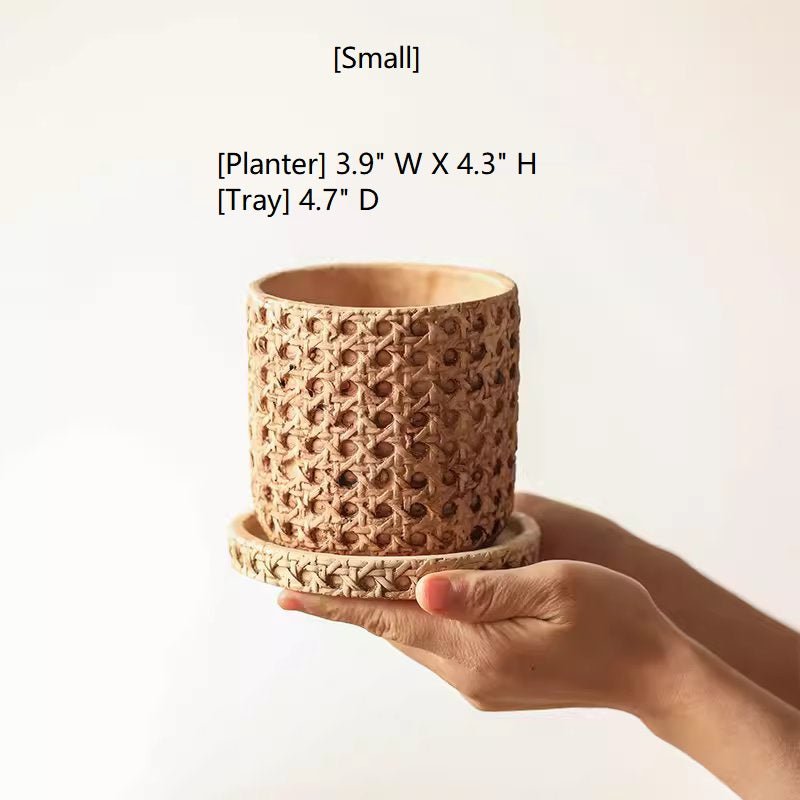 Faux Woven Grid Cement Pot planter with 2 items, matching tray, natural beige RusticReach small on Tampa Home & Garden Store