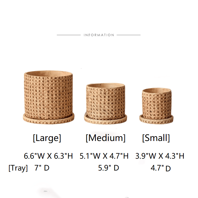 Faux Woven Grid Cement Pots set of three in natural tan with trays by RusticReach on Tampa Home & Garden Store