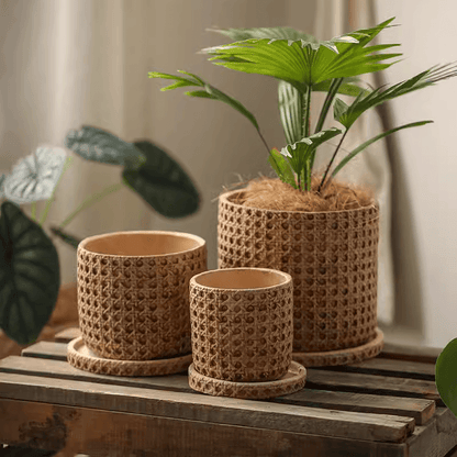 Faux Woven Grid Cement Pot set by RusticReach; beige planters with saucers, trio of sizes on Tampa Home & Garden Store