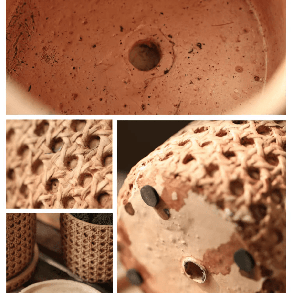 RusticReach Faux Woven Grid Cement Pot with terracotta finish and woven texture, drainage hole on Tampa Home & Garden Store