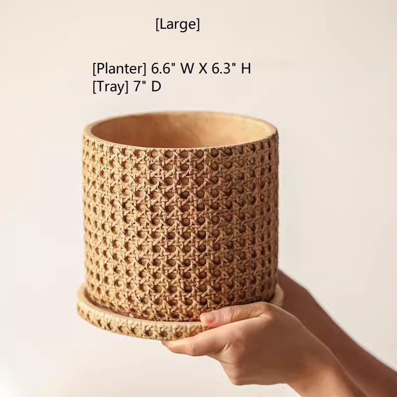 Faux Woven Grid Cement Pot planter by RusticReach in beige cement with 7in tray on Tampa Home & Garden Store