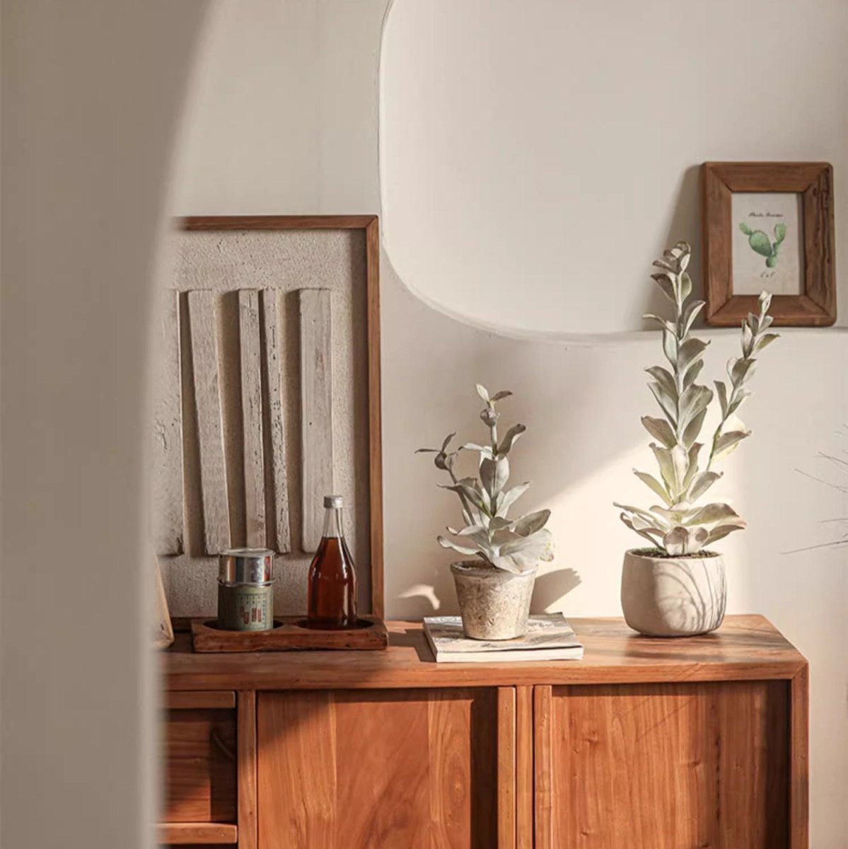 Realistic Green Plant in Ceramic Pot, two potted plants on a wooden sideboard with rustic decor on Tampa Home & Garden Store