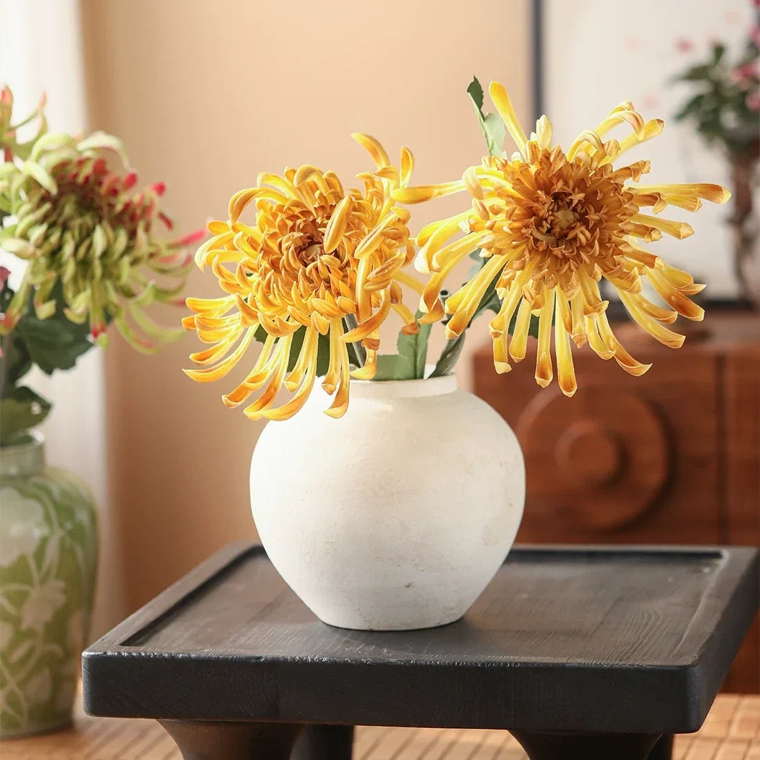 Heirloom Spider Chrysanthemum Stem 29.9in with bright yellow petals in a white ceramic vase RusticReach on Tampa Home & Garden Store
