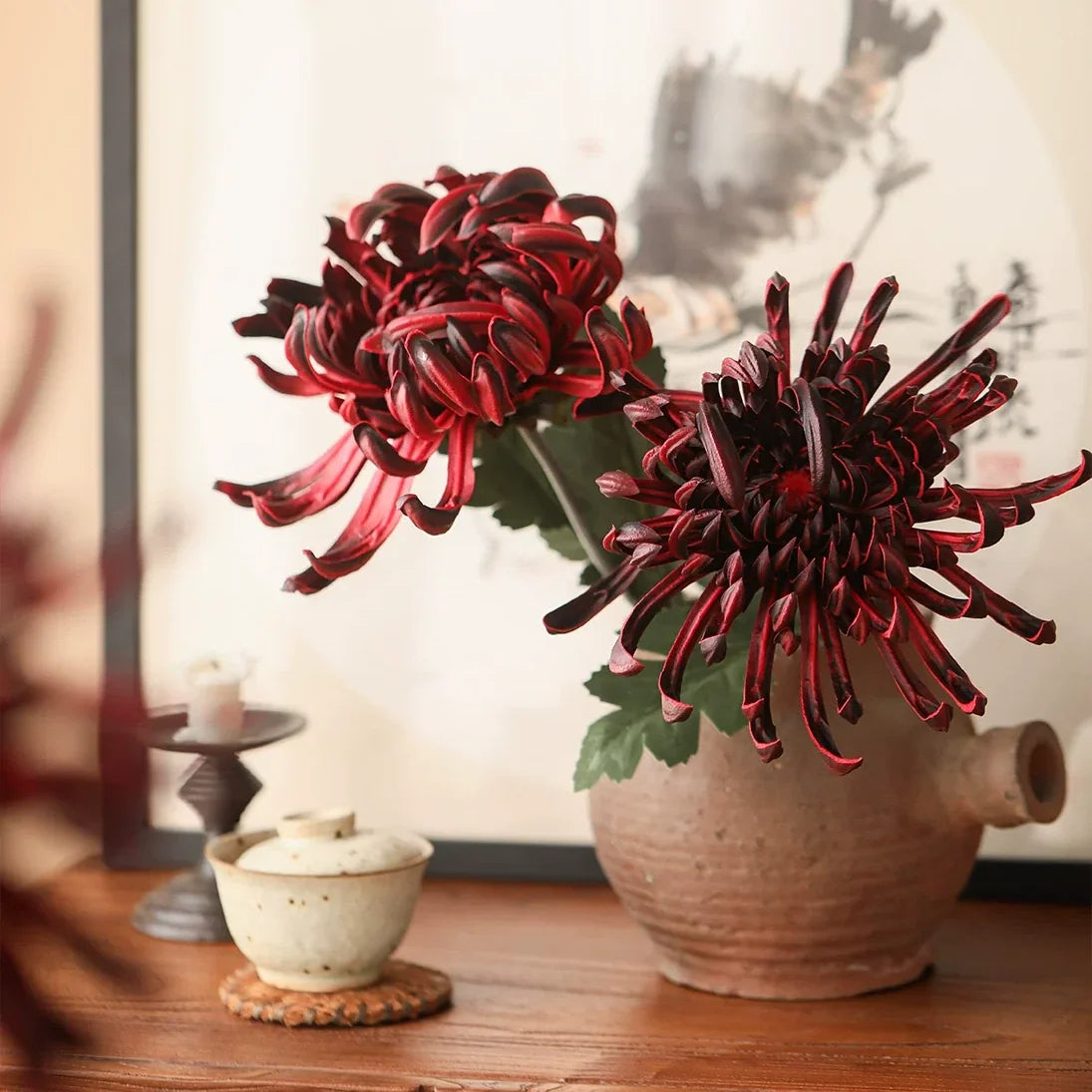 Heirloom Spider Chrysanthemum Stem 29.9in burgundy artificial plant RusticReach vase on Tampa Home & Garden Store