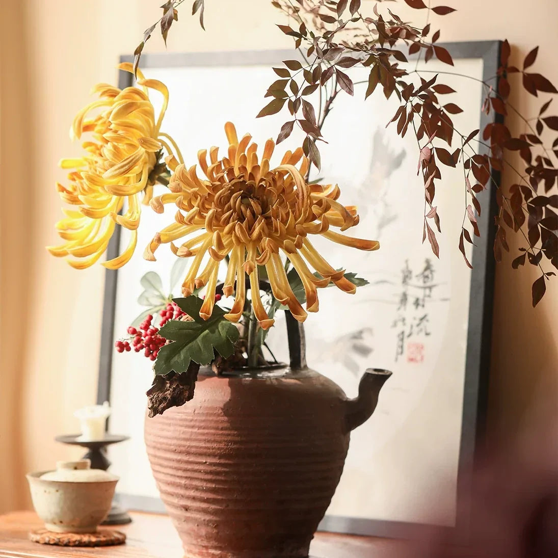 RusticReach Heirloom Chrysanthemum Stem orange artificial two blooms in a brown vase on Tampa Home & Garden Store