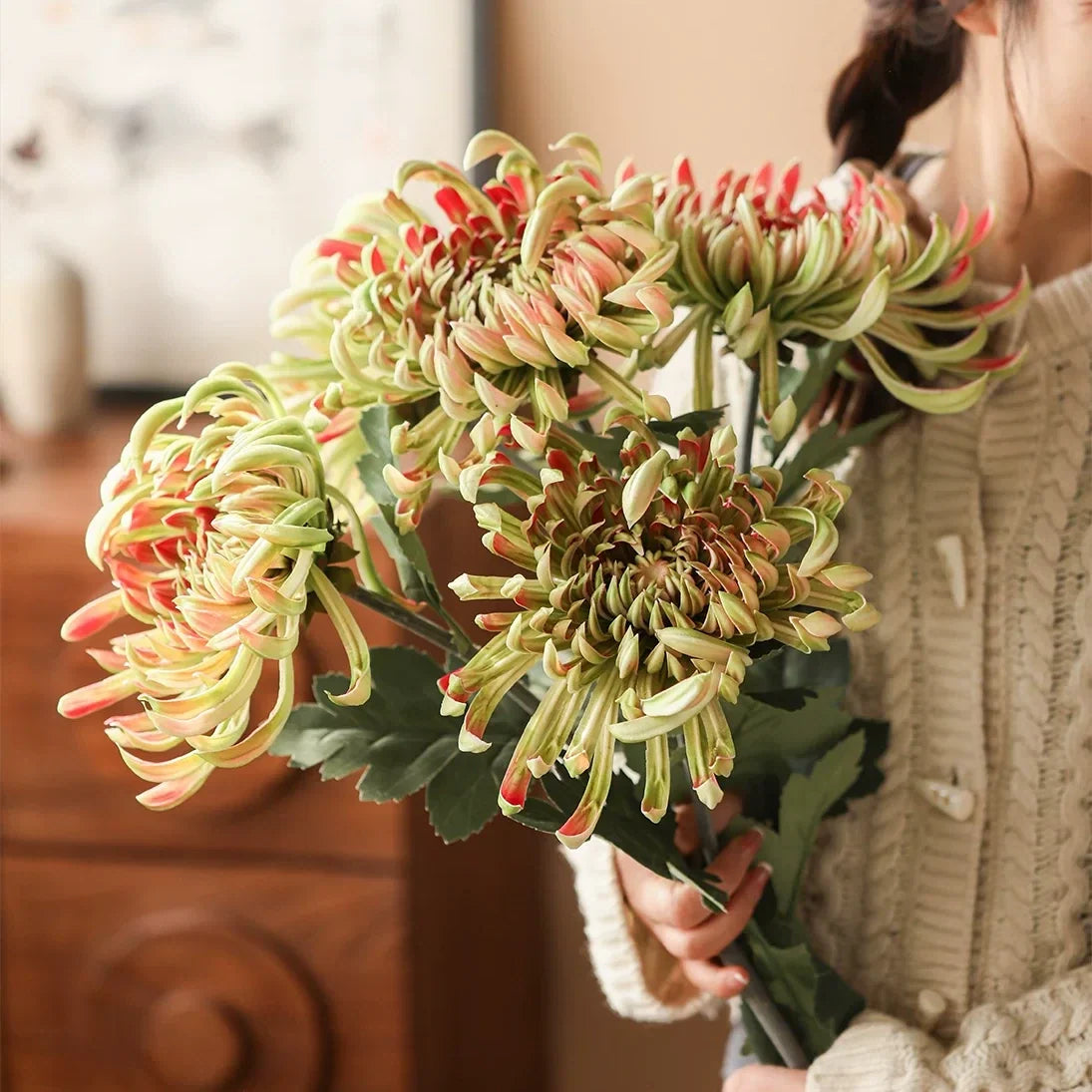 Heirloom Spider Chrysanthemum stem by RusticReach, 29.9in, multicolor green cream pink petals on Tampa Home & Garden Store