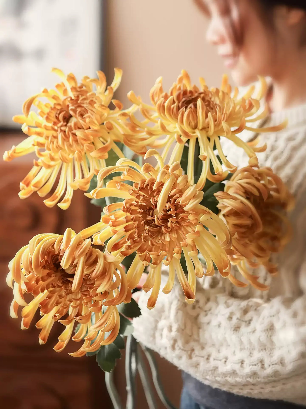 RusticReach Heirloom Spider Chrysanthemum stem 29.9 in, orange-yellow artificial flowering plant on Tampa Home & Garden Store