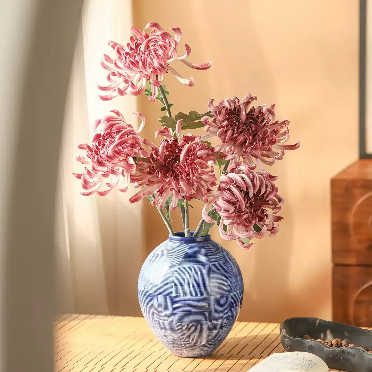Heirloom Spider Chrysanthemum stems, pink multi-petal blooms, 29.9 inches tall blue vase RusticReach on Tampa Home & Garden Store