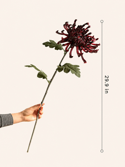 RusticReach Heirloom Spider Chrysanthemum Stem, burgundy faux bloom with green leaves, 29.9in on Tampa Home & Garden Store