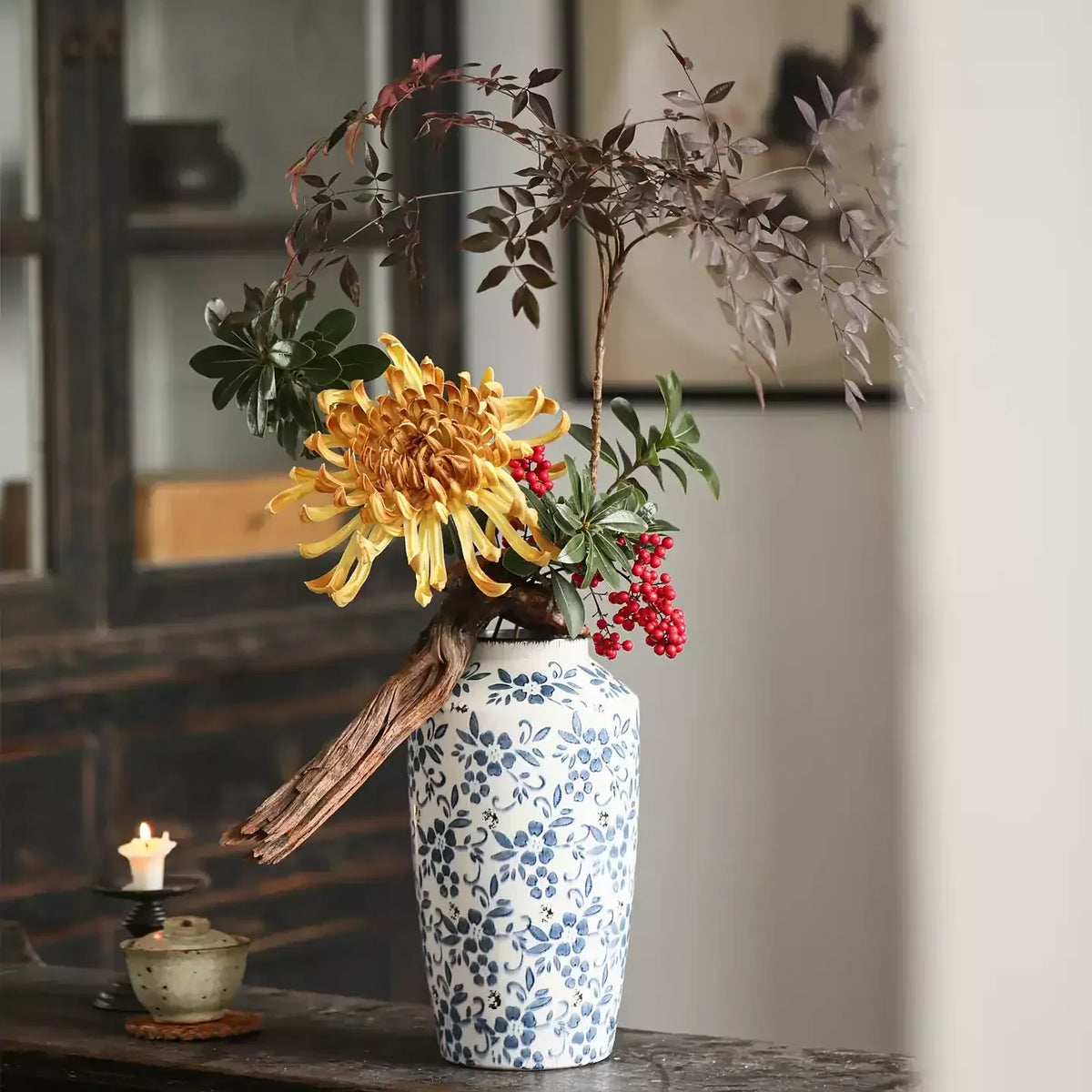 Heirloom Spider Chrysanthemum stem, RusticReach artificial flowering plant with yellow bloom on Tampa Home & Garden Store