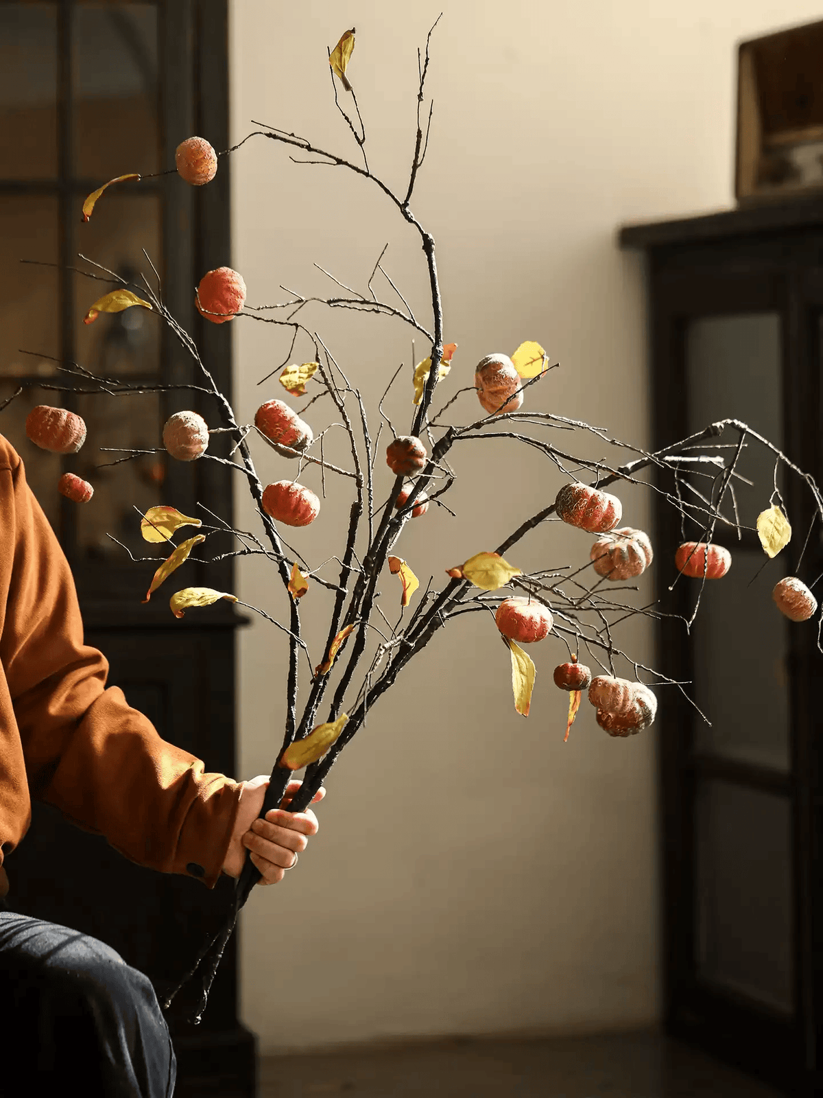 Harvest Pumpkin Twig Stem 39in, artificial branch with orange pumpkins and yellow leaves on Tampa Home & Garden Store