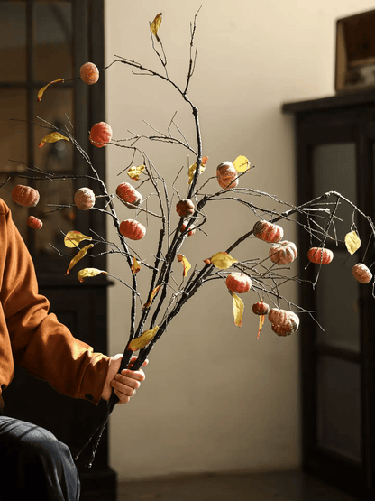 Harvest Pumpkin Twig Stem 39in, artificial branch with orange pumpkins and yellow leaves on Tampa Home & Garden Store