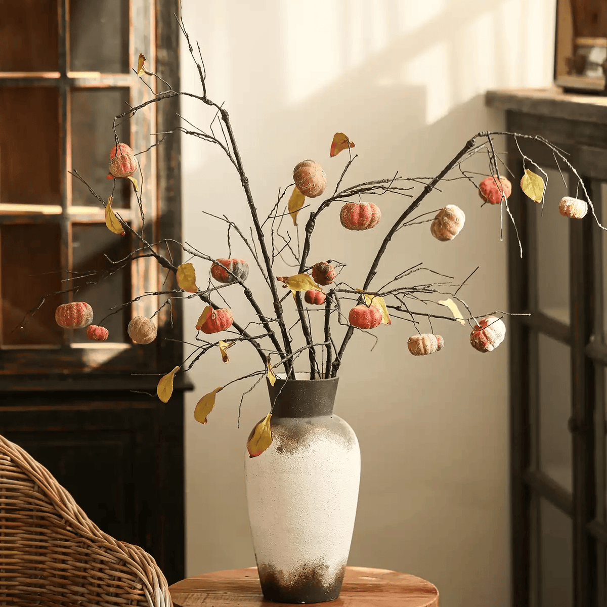 Harvest Pumpkin Twig Stem 39in artificial pumpkins on black twig branches in a frosted vase on Tampa Home & Garden Store