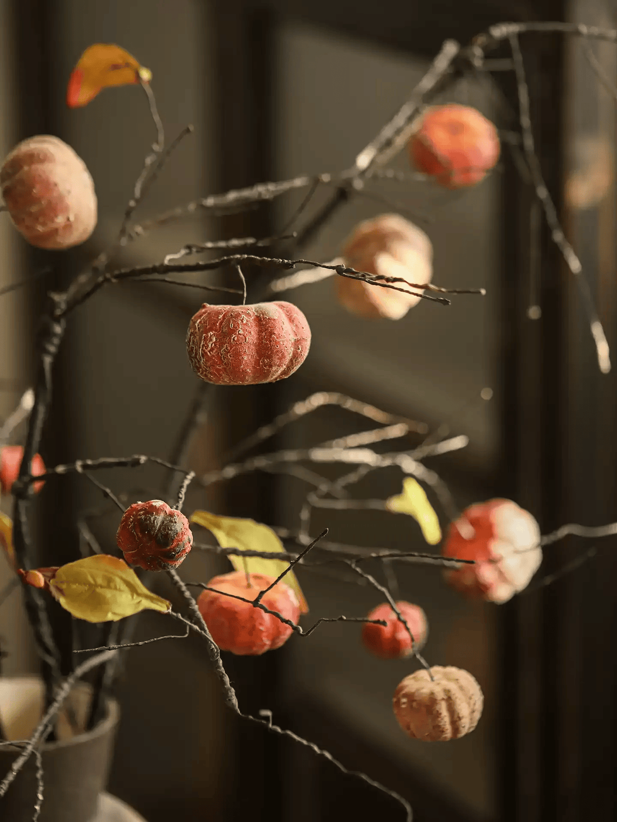 Harvest Pumpkin Twig Stem 39in artificial pumpkin branch with small pumpkins on dark twigs on Tampa Home & Garden Store