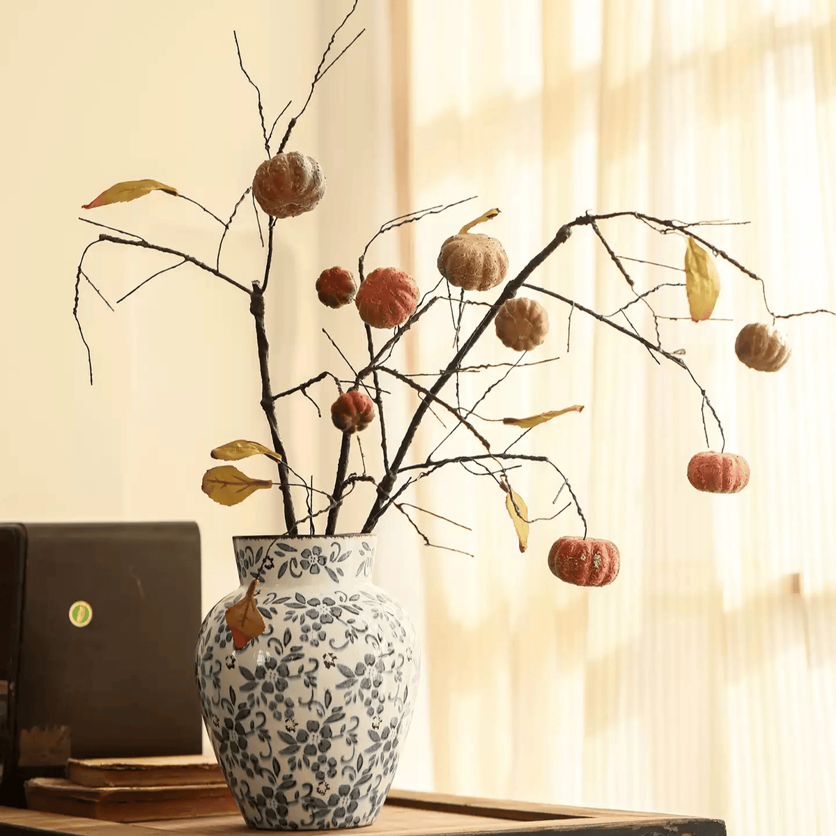 Harvest Pumpkin Twig Stem 39in artificial branches with pumpkins in blue-white vase RusticReach on Tampa Home & Garden Store