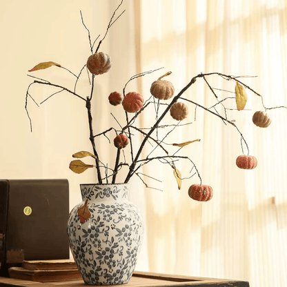 Harvest Pumpkin Twig Stem 39in artificial branches with pumpkins in blue-white vase RusticReach on Tampa Home & Garden Store