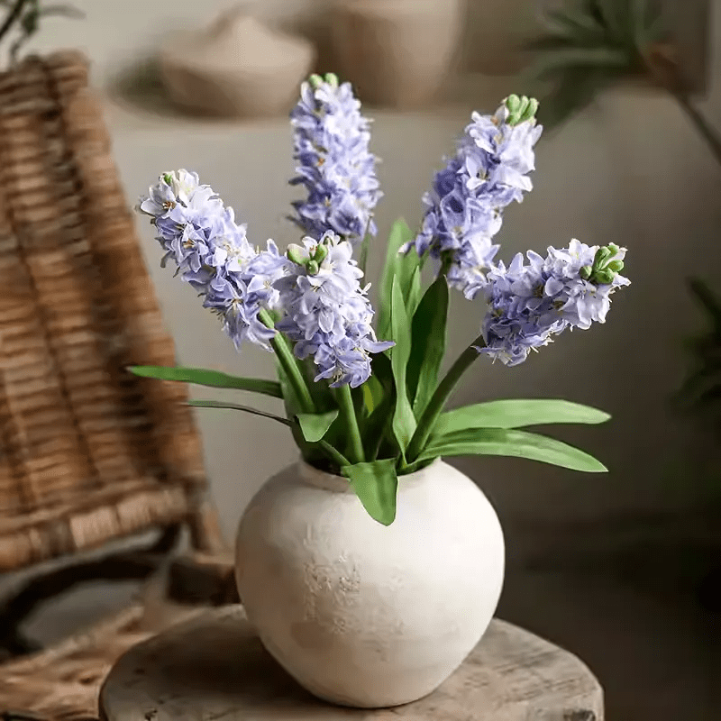 RusticReach Spring artificial hyacinth stem lavender with green leaves in round white vase 16in tall on Tampa Home & Garden Store