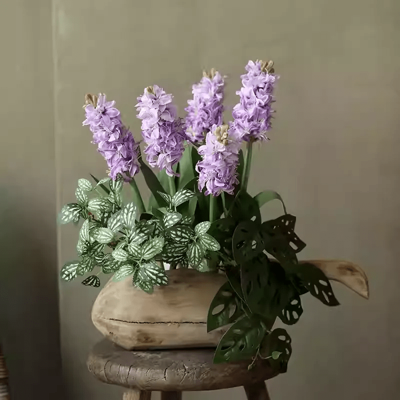 Spring Hyacinth Stem 16 in tall with purple blooms and leaves in rustic planter by RusticReach on Tampa Home & Garden Store