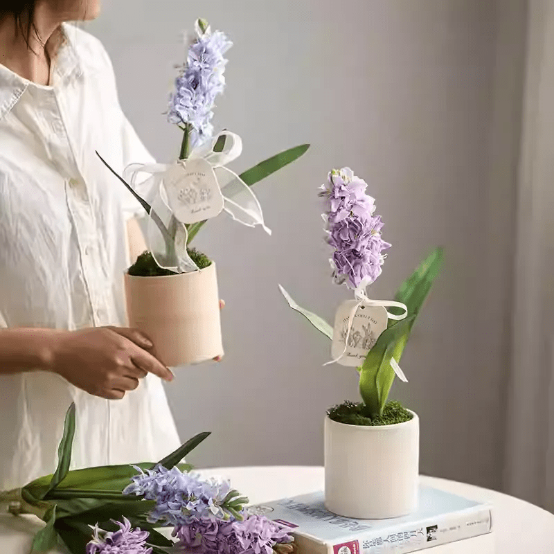 Spring Artificial Hyacinth Stem 16in two potted stems in beige and white pots RusticReach on Tampa Home & Garden Store