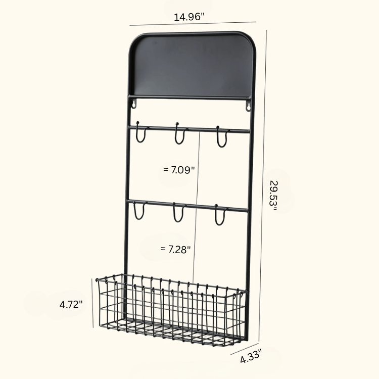 Industrial Garden Tool Storage Rack RusticReach, black metal wall unit with top shelf and basket on Tampa Home & Garden Store