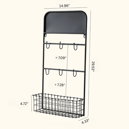 Industrial Garden Tool Storage Rack RusticReach, black metal wall unit with top shelf and basket on Tampa Home & Garden Store