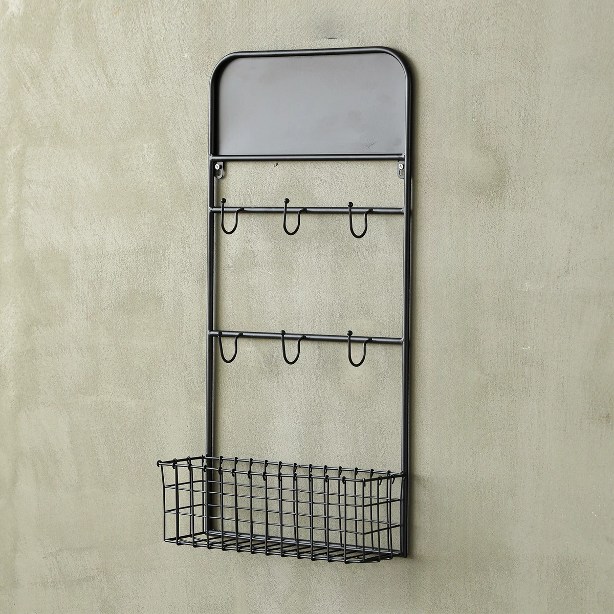 Industrial Garden Tool Rack by RusticReach; black metal wall rack with hooks and bottom basket on Tampa Home & Garden Store