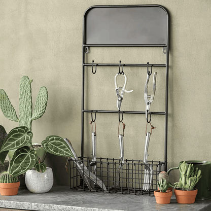 Industrial Garden Tool Storage Rack RusticReach black metal with hooks and bottom basket on Tampa Home & Garden Store