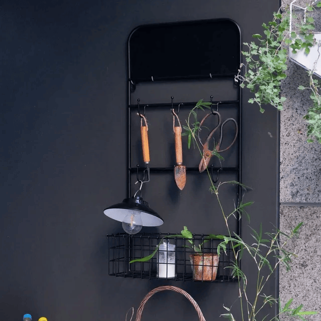 Garden Tool Storage Rack RusticReach, black metal wall mount with hooks and wire basket on Tampa Home & Garden Store
