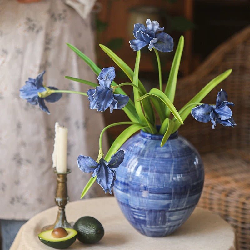 Silk Iris Flower 22in Tall by RusticReach with blue blooms in a blue ceramic vase on Tampa Home & Garden Store