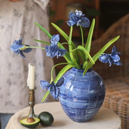 Silk Iris Flower 22in Tall by RusticReach with blue blooms in a blue ceramic vase on Tampa Home & Garden Store