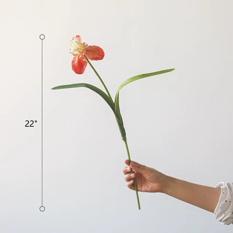 Silk Iris Flower 22 tall RusticReach orange petals and green stem held by hand on Tampa Home & Garden Store