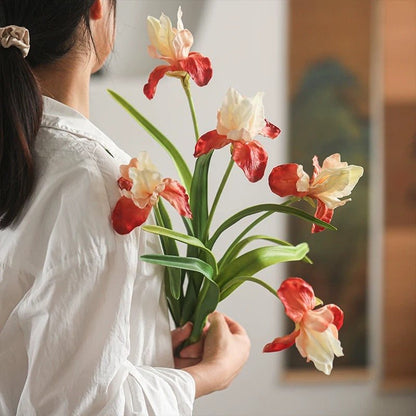 Silk Iris Flower 22in Tall by RusticReach, cream and red petals with green stems bouquet on Tampa Home & Garden Store
