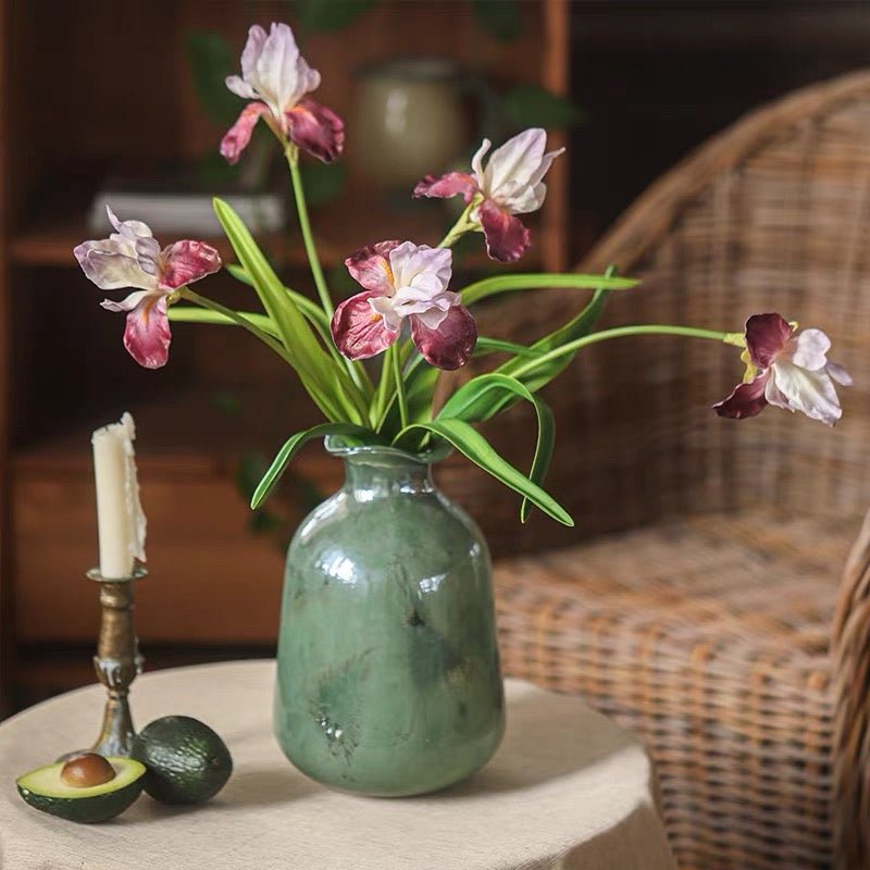 Silk Iris Flower 22-inch Tall RusticReach in jade-green ceramic vase with lavender blooms on Tampa Home & Garden Store