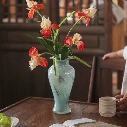 Silk iris flower arrangement 22 tall in a pale blue ceramic vase, RusticReach on Tampa Home & Garden Store