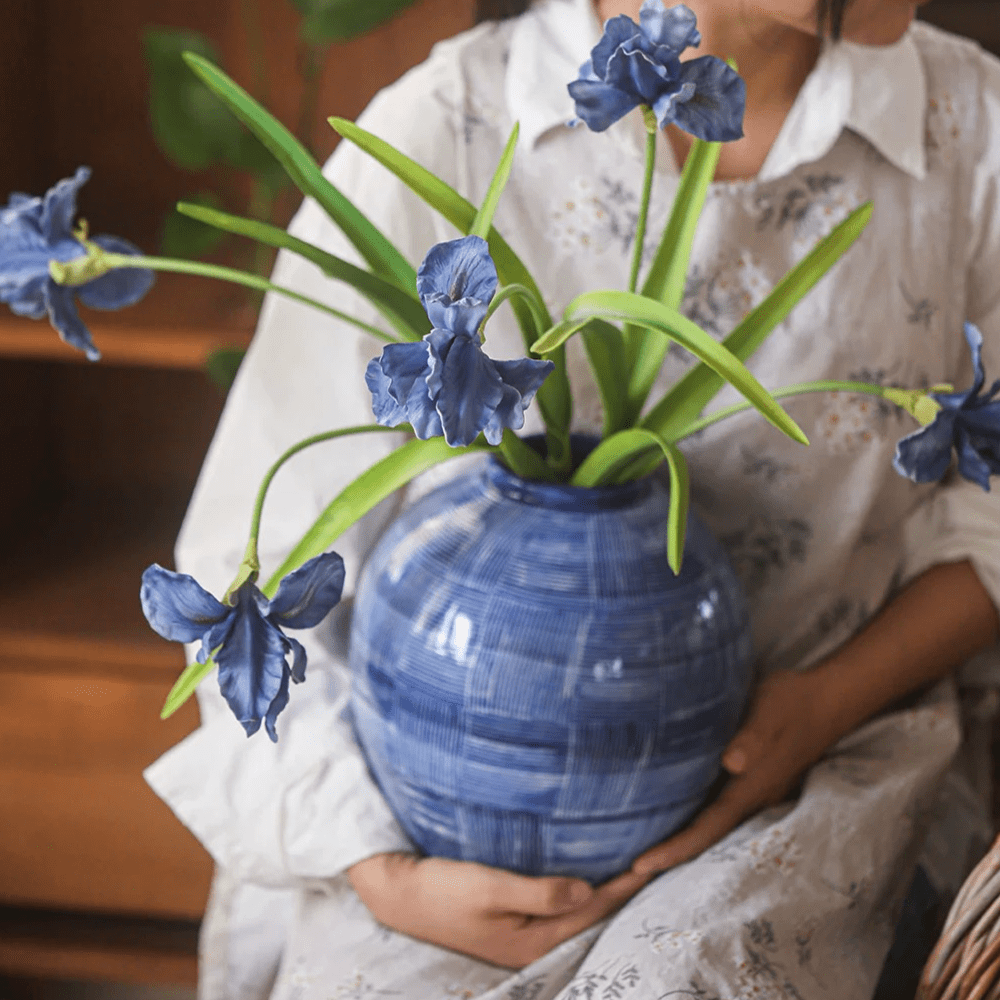 Silk Iris Flower 22-inch tall in a blue glazed vase with green leaves by RusticReach on Tampa Home & Garden Store