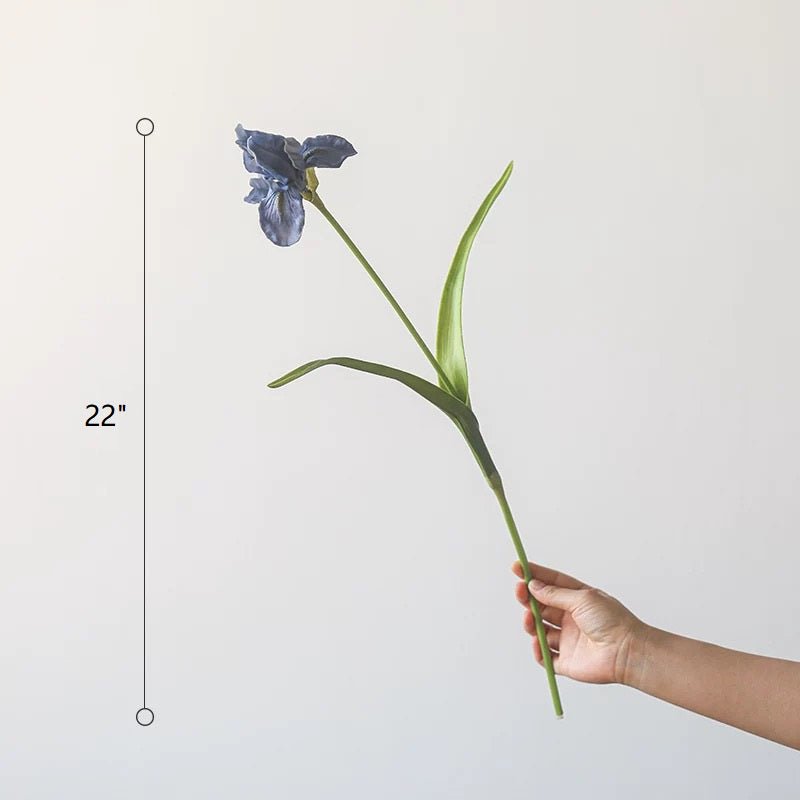 Silk iris flower stem with blue petals, 22-inch tall, RusticReach, green leaves against white on Tampa Home & Garden Store